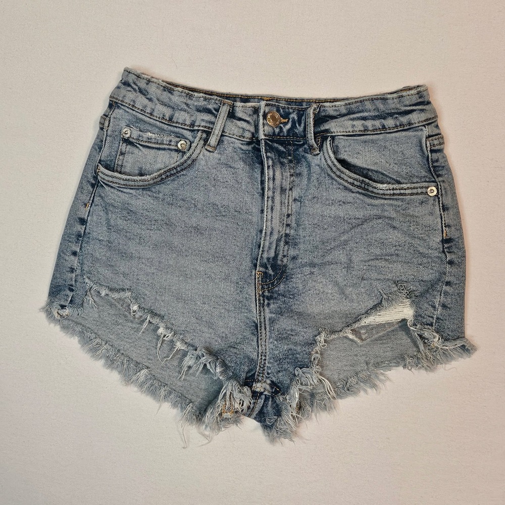 Zara Womens High Waisted Distressed Denim Shorts Light Wash Blue Size 6 Frayed